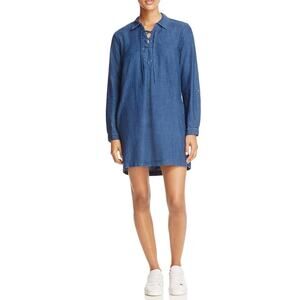 Soft Joie Katiana Denim Chambray Lace Neckline Long Sleeve Shift Dress Size XS